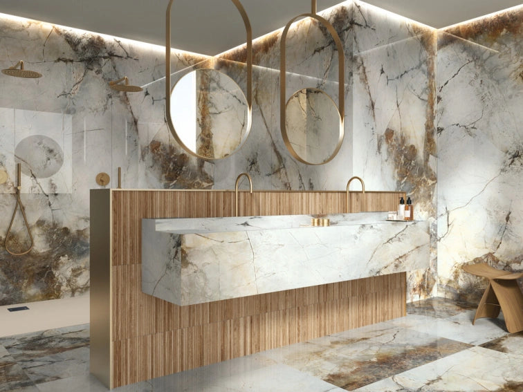 CeraVision® Gold Hard Polished Wandtegel - 60x120 cm - Luxe Marmerlook - Gouden Accenten