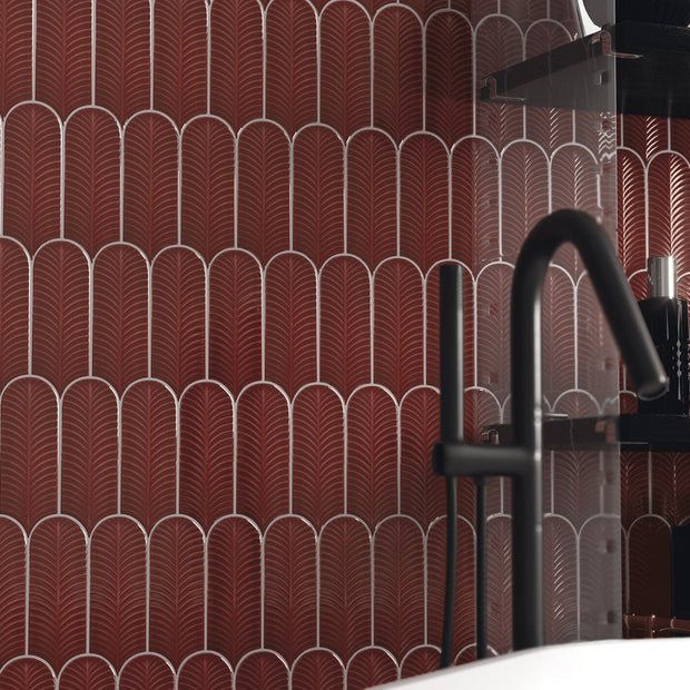 Cifre Alma Scale Garnet Brillo - 8x21,5 cm – Bordeaux - Keramisch - Visschub - Wandtegel - Glans