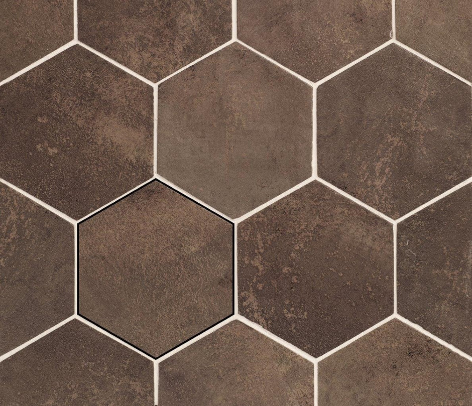 Carmen Hexa Magnetism Corten - 13,9x16 cm – Bordeauxbruine - Metaaleffect - Zeshoek hexagon - Porcellanato Vloertegel - Antislip
