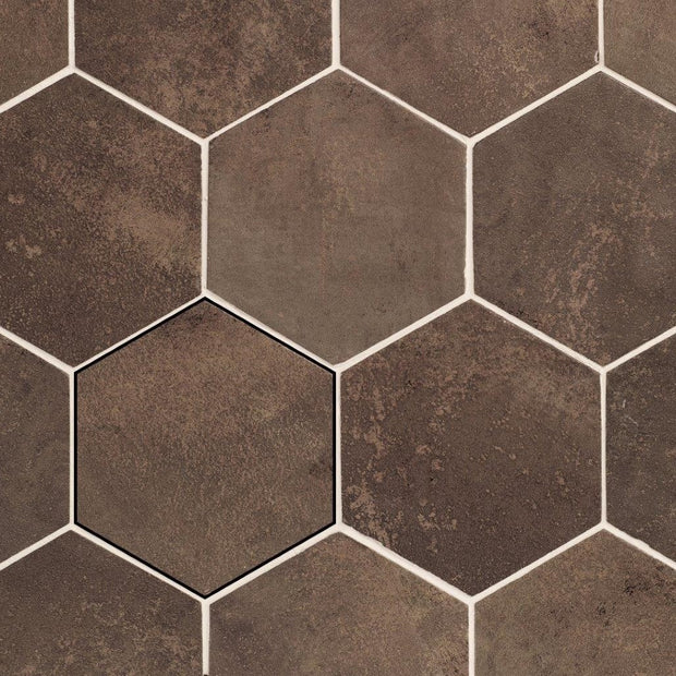 Carmen Hexa Magnetism Corten - 13,9x16 cm – Bordeauxbruine - Metaaleffect - Zeshoek hexagon - Porcellanato Vloertegel - Antislip