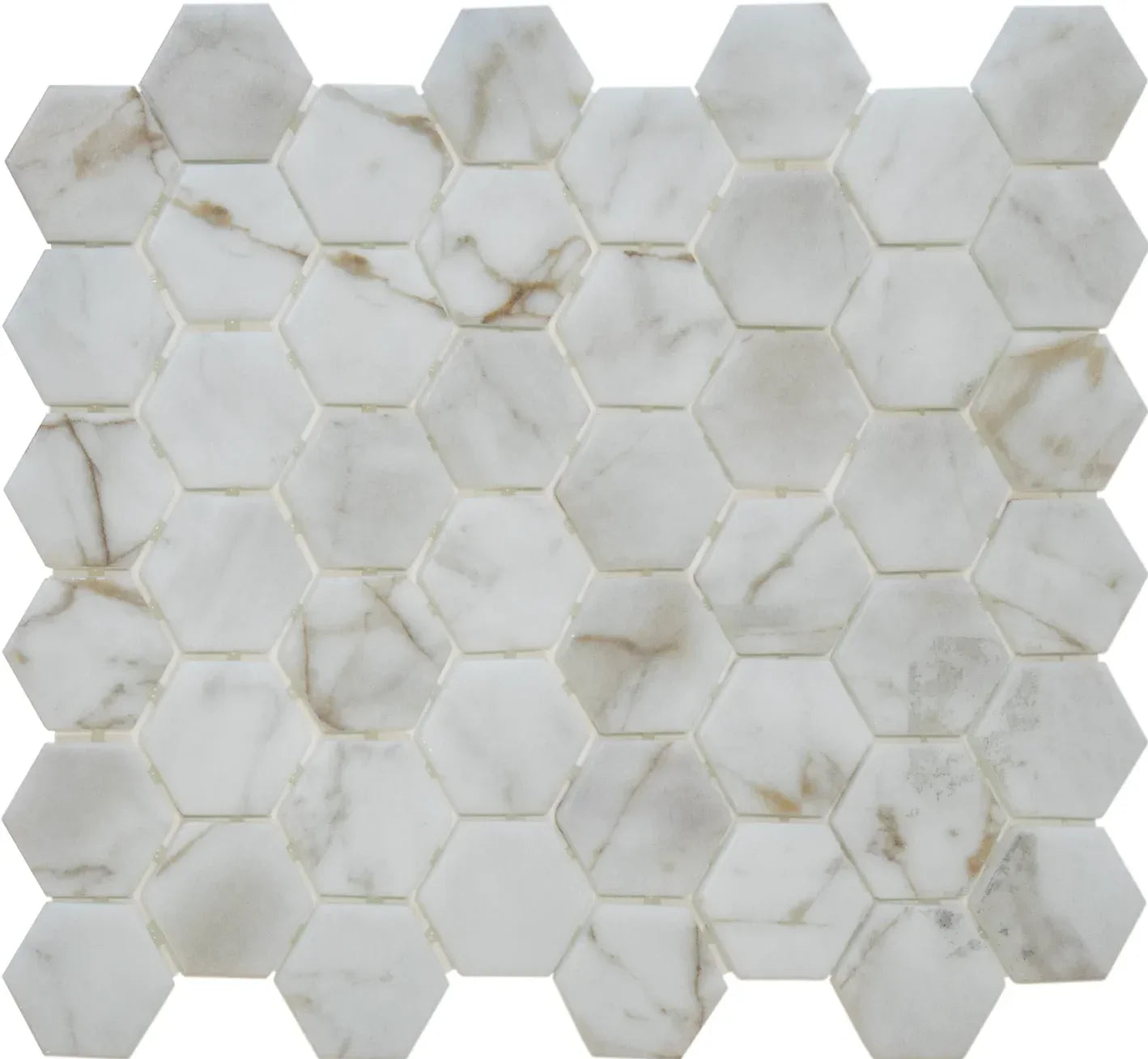 The Mosaic Factory Bianco Marmer Hexagon - Marmer Geprint op Gerecycled Glas, 276x329 mm
