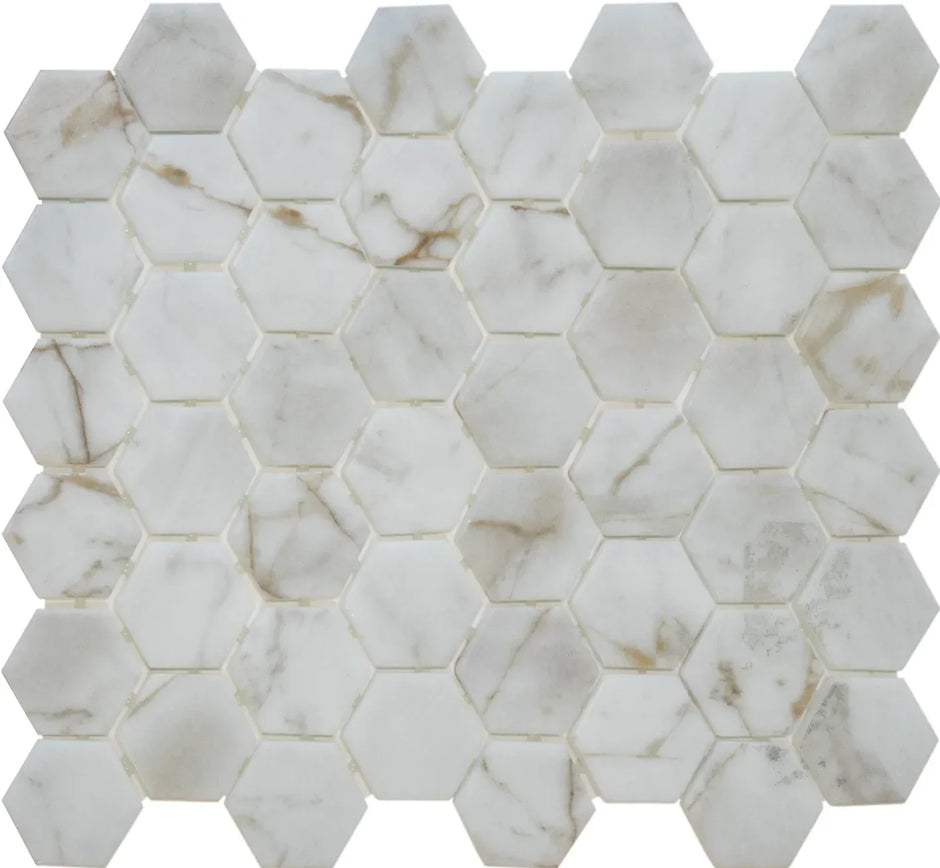 The Mosaic Factory Bianco Marmer Hexagon - Marmer Geprint op Gerecycled Glas, 276x329 mm