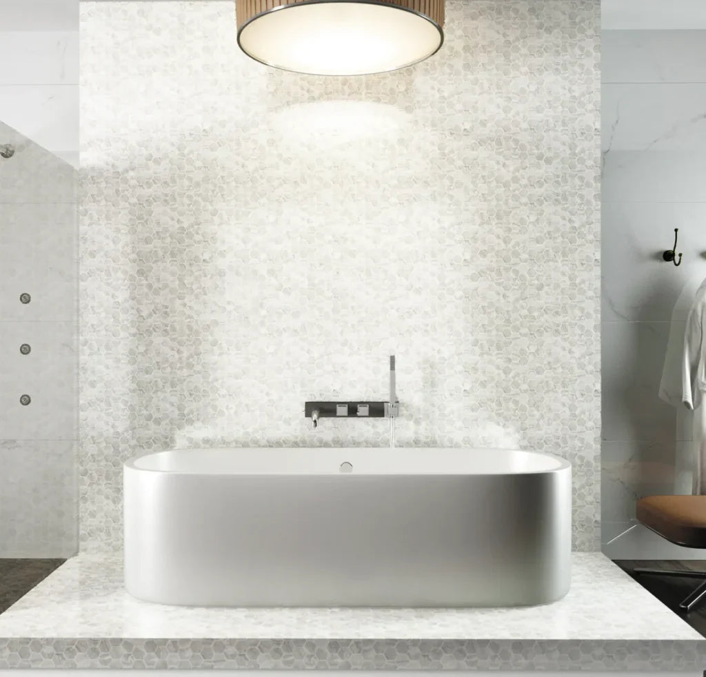 The Mosaic Factory Bianco Marmer Hexagon - Marmer Geprint op Gerecycled Glas, 276x329 mm