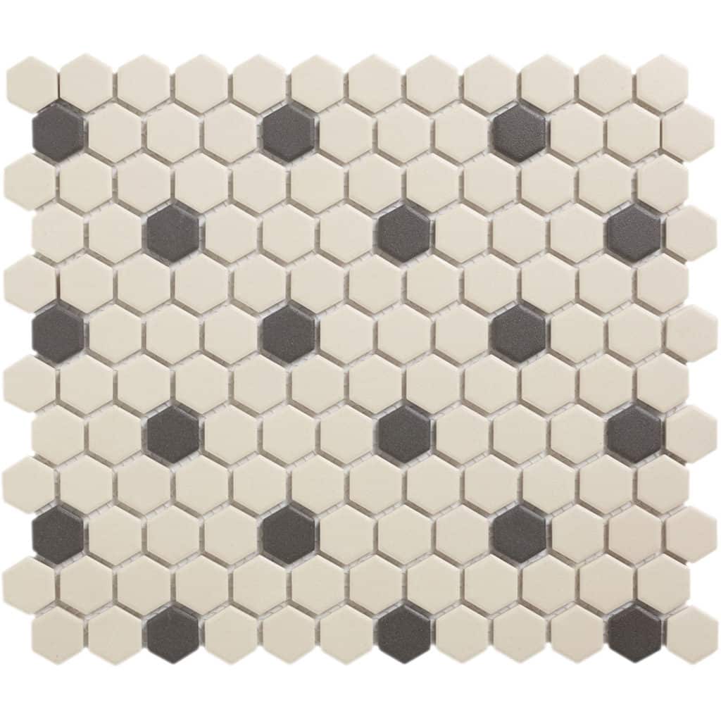 The Mosaic Factory London Mozaiek Tegel Hexagon - Wit/Zwart Porselein Ongeglazuurd, 18 black dots 260x300 mm