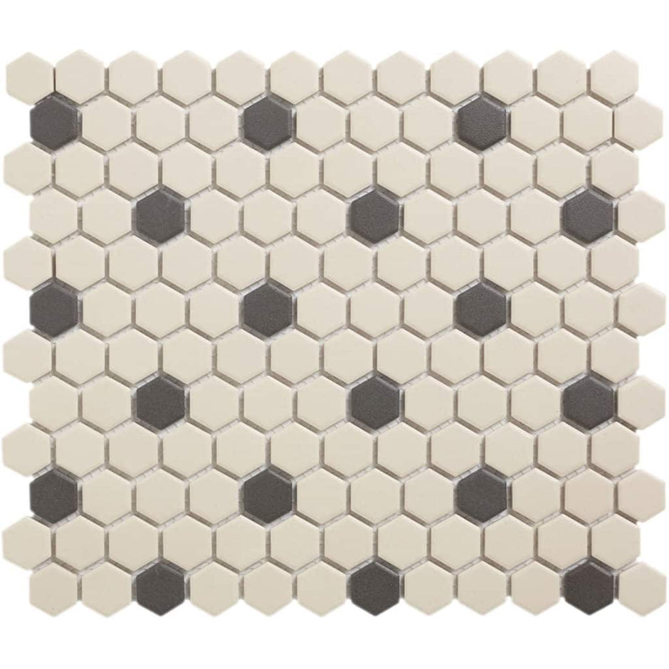 The Mosaic Factory London Mozaiek Tegel Hexagon - Wit/Zwart Porselein Ongeglazuurd, 18 black dots 260x300 mm