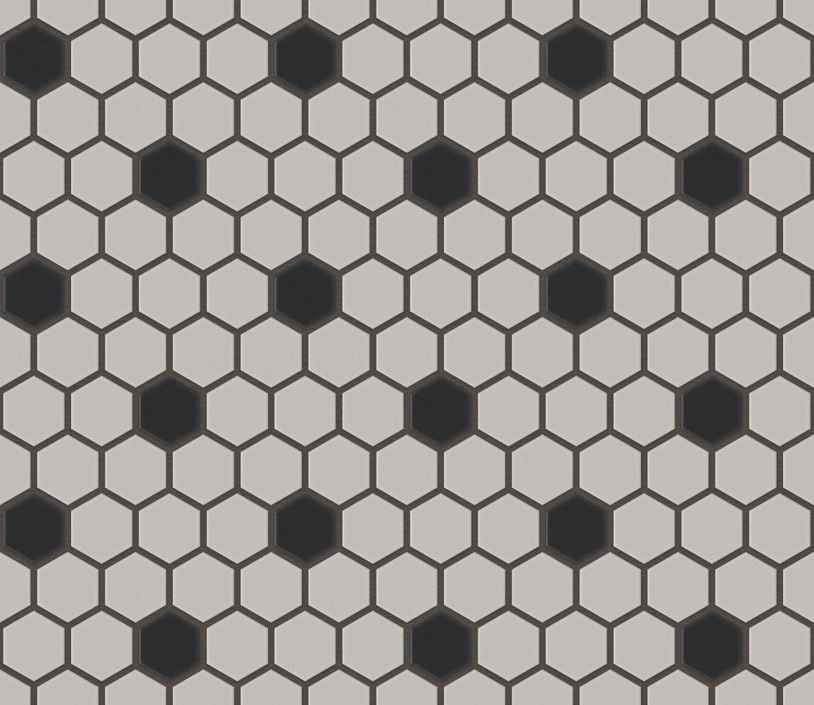 The Mosaic Factory London Mozaiek Tegel Hexagon - Wit/Zwart Porselein Ongeglazuurd, 18 black dots 260x300 mm