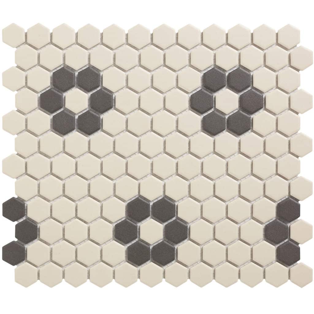 The Mosaic Factory London Mozaiek Tegel Hexagon - Wit/Zwart Porselein Ongeglazuurd, 4 black flowers 260x300 mm