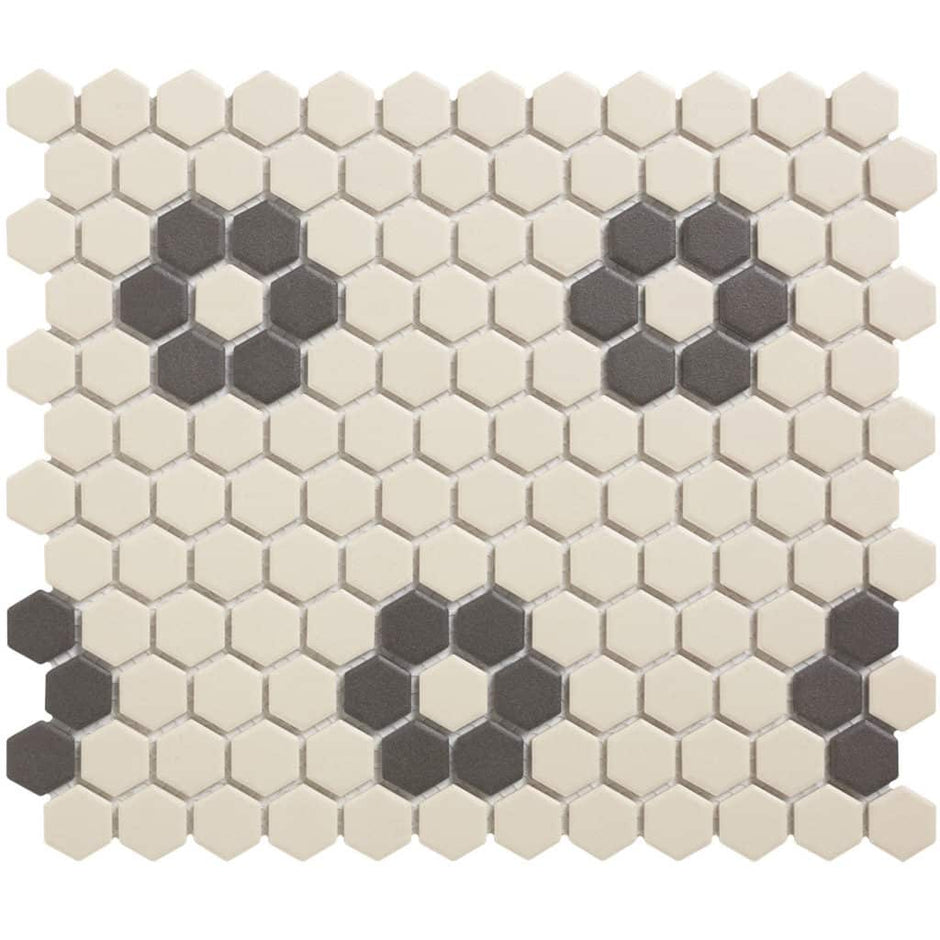 The Mosaic Factory London Mozaiek Tegel Hexagon - Wit/Zwart Porselein Ongeglazuurd, 4 black flowers 260x300 mm