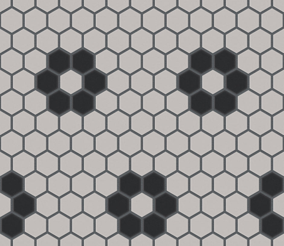 The Mosaic Factory London Mozaiek Tegel Hexagon - Wit/Zwart Porselein Ongeglazuurd, 4 black flowers 260x300 mm