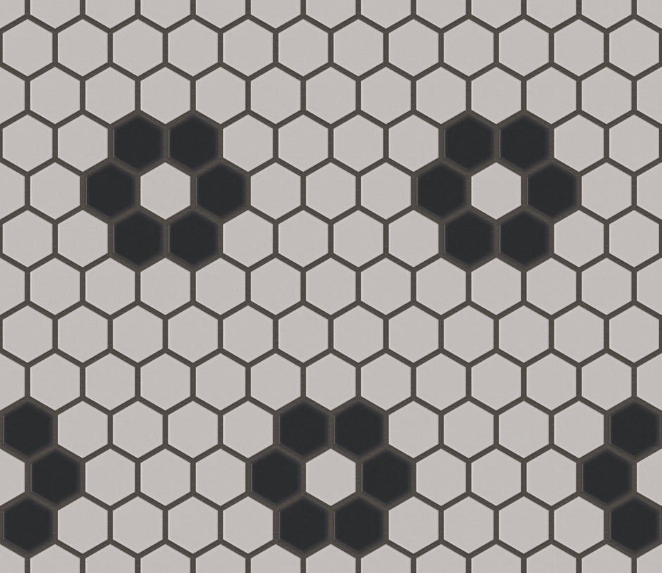 The Mosaic Factory London Mozaiek Tegel Hexagon - Wit/Zwart Porselein Ongeglazuurd, 4 black flowers 260x300 mm