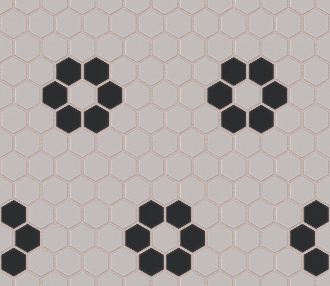The Mosaic Factory London Mozaiek Tegel Hexagon - Wit/Zwart Porselein Ongeglazuurd, 4 black flowers 260x300 mm