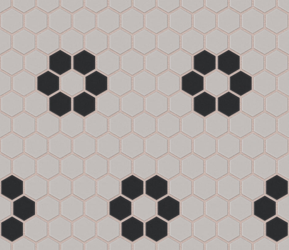 The Mosaic Factory London Mozaiek Tegel Hexagon - Wit/Zwart Porselein Ongeglazuurd, 4 black flowers 260x300 mm
