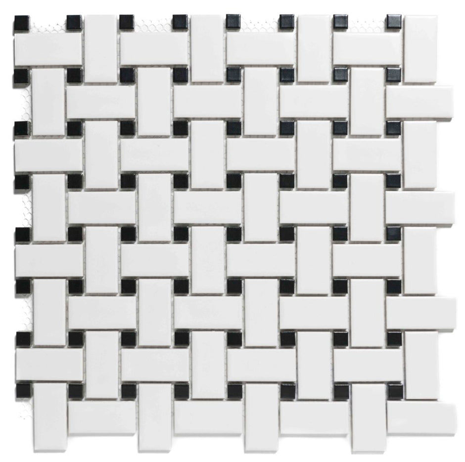 The Mosaic Factory Paris Mozaiek Tegel Basketweave - Wit en Zwart Porselein Geglazuurd 300x300 mm